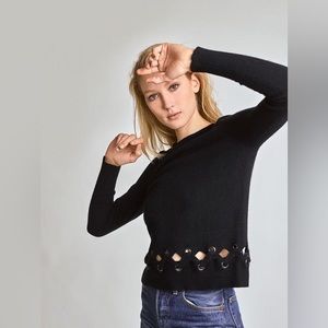 White + Warren Laced Scallop Hem Crewneck Black Sweater Size Medium